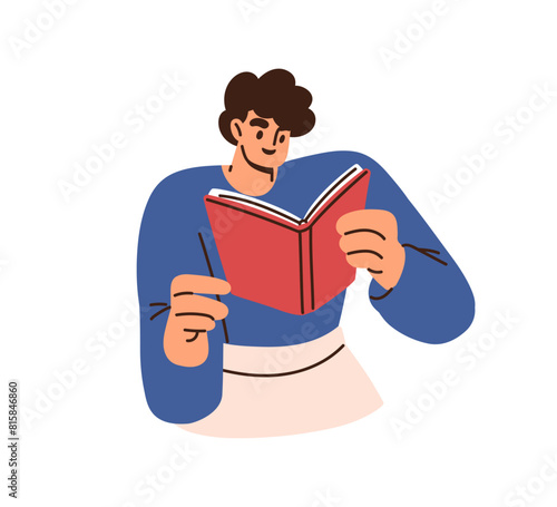 Happy woman studying, reading book. Smiling female reader holding open textbook, learning. Student enjoying education, preparing for exam. Flat vector illustration isolated on white background