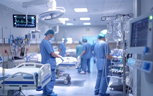 Blurry hospital room with medical staff and equipment in use.