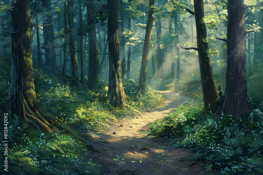 An enchanted forest path winding through towering trees, with sunlight filtering through the lush canopy and casting enchanting shadows on the forest floor