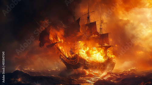 A burning pirate ship on the high seas its masts engulfed in flames