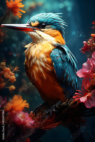 A brightly colored bird with blue, orange, and yellow feathers is perched on a branch. The bird is surrounded by colorful flowers. © paday