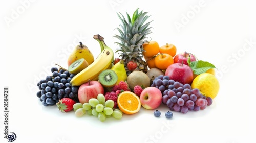 A variety of fruits are arranged in a pile including apples  bananas  grapes  pineapple  kiwi  raspberries  strawberries  blueberries  and oranges.