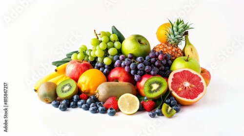 A variety of fruits are arranged together on a white background.