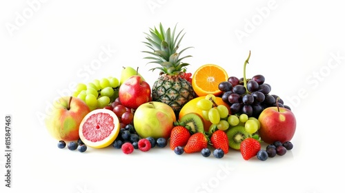 A variety of fruits including apples  grapes  pineapple  pomegranate  kiwi  grapefruit  blueberries  raspberries  and strawberries.