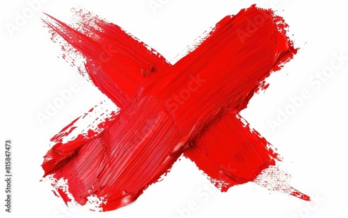 Bright red, textured brushstroke X on a white background.