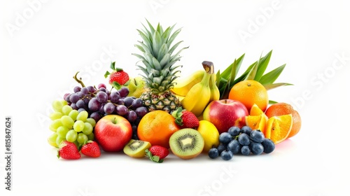 A variety of fruits including apples  grapes  bananas  pineapple  kiwi  and oranges.