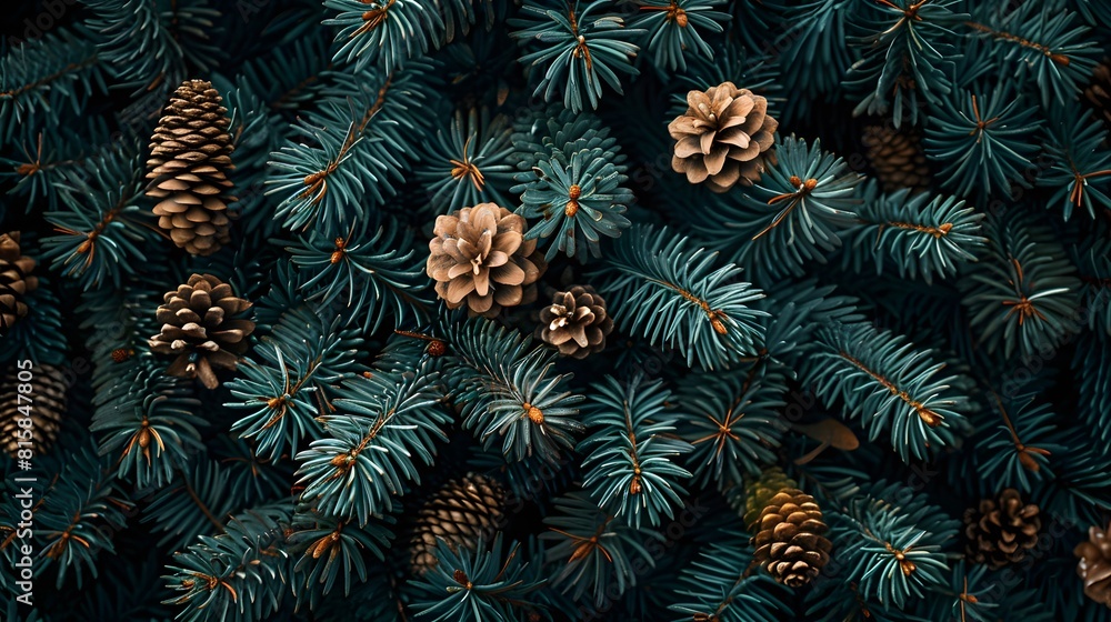 Top view of dark green pine tree branches and cones, seamless pattern.
Top view of dark green pine tree branches and cones, seamless pattern.