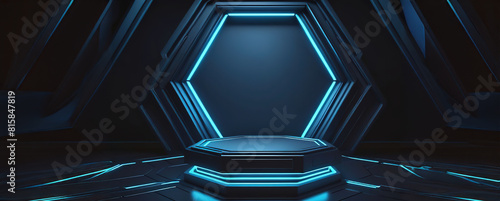 3d rendering illustration modern futuristic podium stage platform with neon lighting and black background for premium produt business technology.ai generated photo