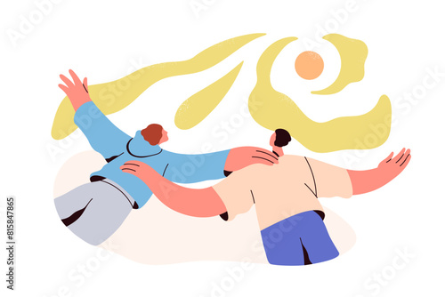 Inspired couple reaching dream, flying to sun, future. Dreamers, aspiration to bliss. Freedom, motivation and inspiration, psychology concept. Flat vector illustration isolated on white background