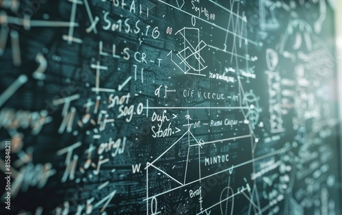 Chalkboard filled with complex mathematical equations and geometric diagrams.