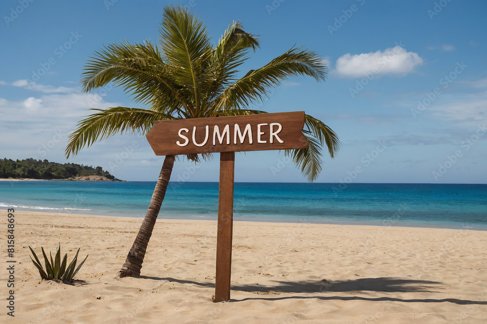 Wooden signpost on sandy beach with palm tree and text Summer
Wooden signpost on sandy beach with palm tree and text Summer