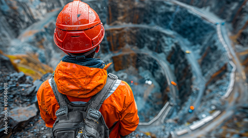 person wearing a bright orange jacket and a red helmet, standing with and overlooking a large open-pit mine. The mine features terraced layers with winding roads, and vehicles visible on these roads