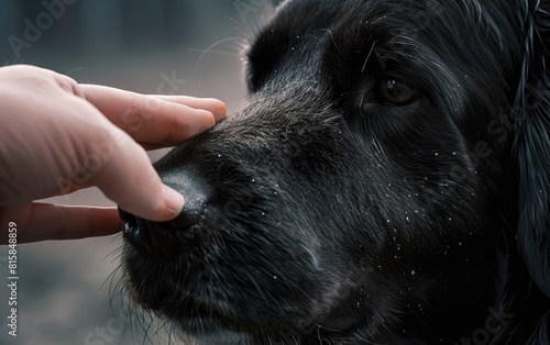 Close-up of a black dog's head as a human gently touches its nose.