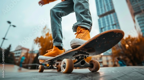 Stylish skateboarder training in skate park. Close up of the skateboard and legs of a man skating in the city. Concept of skating as a sport and lifestyle.