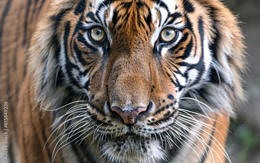 Close-up of a tiger's face, highlighting intense eyes and striped fur.