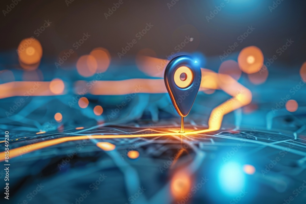 Digital hand set location on map with two pins. AI technology in GPs, innovation delivery, map location, future transport logistic, route path concept. GPs point. New office location, change address Digital hand set location on map with two pins. AI technology in GPs, innovation delivery, map location, future transport logistic, route path concept. GPs point. New office location, change address