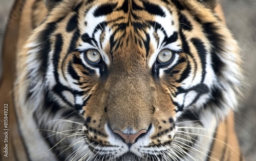 Close-up of a tiger s face  highlighting intense eyes and striped fur.