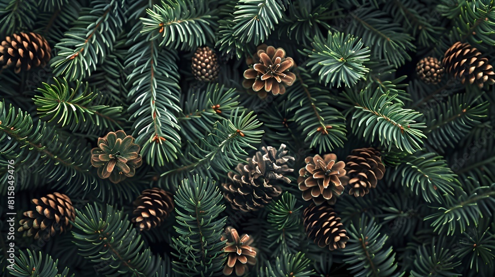Top view of dark green pine tree branches and cones, seamless pattern.
Top view of dark green pine tree branches and cones, seamless pattern.