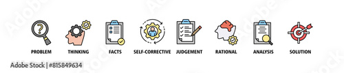 Critical thinking banner web icon set vector illustration concept for analysis of facts with an icon of problem, thinking, facts, self corrective, judgement, rational, analysis, and solution
