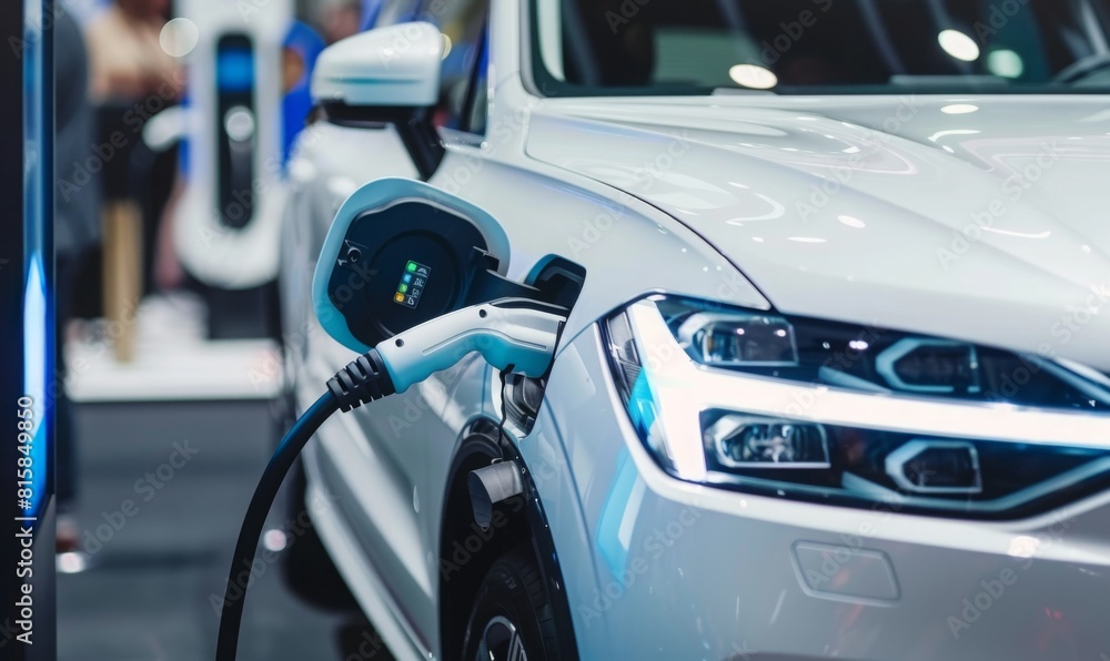 closeup of plug in electric vehicle white car charging in charger station.