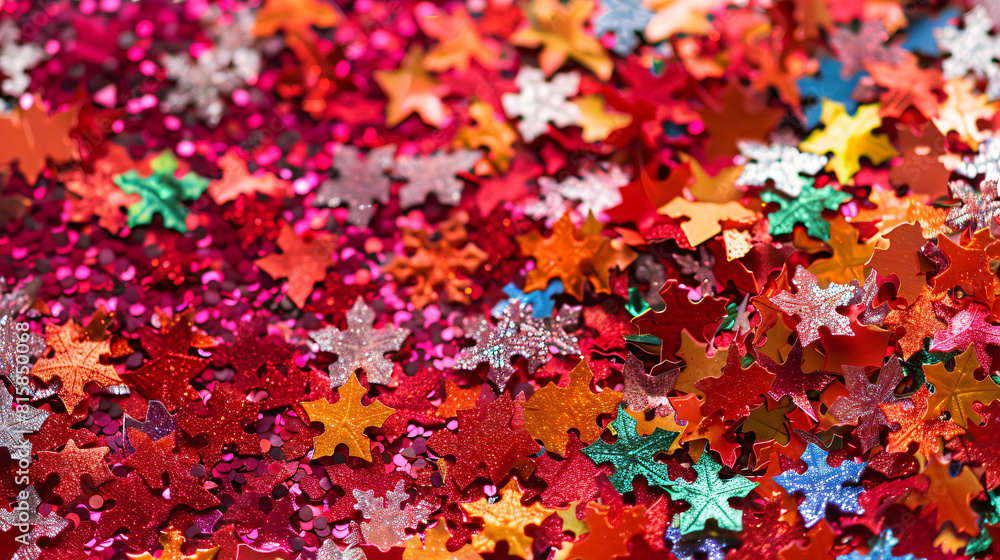 Colorful confetti in shape of snowflakes on red background