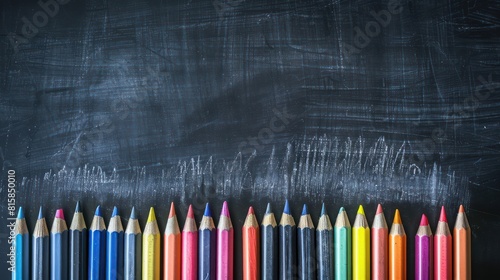 A row of colorful pencils on black chalkboard, rich color minimalist copy space 