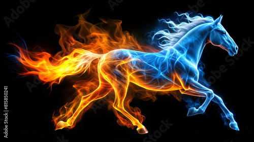 Horse. Fiery Horse. Blue and orange Fire border. Illustration isolated on black background