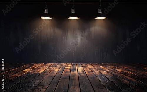 Dark room with wooden floor lit by three hanging lights.