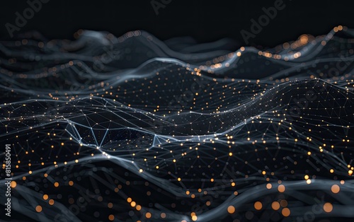 Dark undulating landscape composed of glowing interconnected nodes and lines.