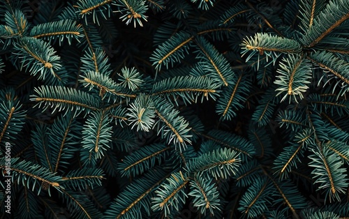 Dense  dark green pine branches with subtle golden highlights.