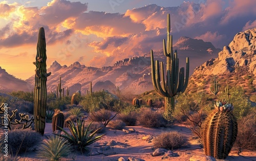 Desert landscape with towering cactus and rugged mountain backdrop at sunset. photo