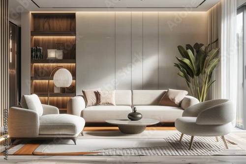 Modern villa living room design interior  beige furniture  bright walls  hardwood flooring  sofa  armchair with lamp. Concept of relax. 3d rendering 