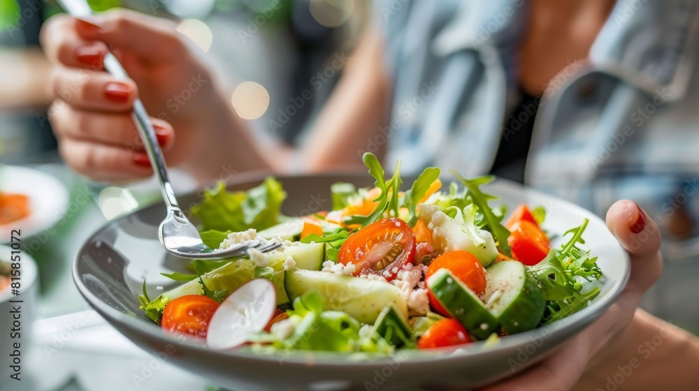 Customer eating healthy food from a bowl of vegetable salad in a restaurant. Customer eating healthy food from a bowl of vegetable salad in a restaurant.