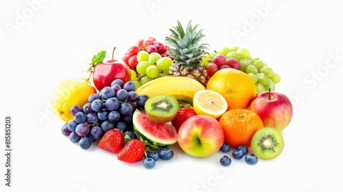 A variety of fruits including apples  grapes  bananas  pineapple  watermelon  kiwi  strawberries  blueberries  and oranges.