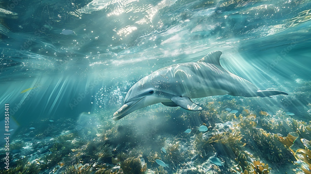 Fototapeta premium Dolphin in the water illustration, Beautiful, summer vibe, beach, ocean, sea, fish, background
