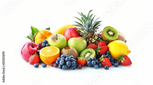 A variety of fruits including strawberries  blueberries  apples  pineapple  oranges  and kiwi.