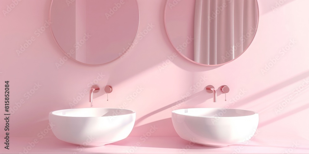 Two elegant bathroom sinks standing on a pink shelf. Two vertical mirrors hanging above them. Pink wall bathroom interior. 3d rendering Two elegant bathroom sinks standing on a pink shelf. Two vertical mirrors hanging above them. Pink wall bathroom interior. 3d rendering
