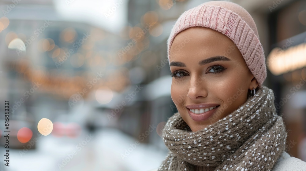 Portrait of beautiful young model in pink knitted hat standing near carousel on christmas background with bokeh lights. Magic warm new year photo. Cozy background. Happy woman. Portrait of beautiful young model in pink knitted hat standing near carousel on christmas background with bokeh lights. Magic warm new year photo. Cozy background. Happy woman.