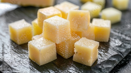 Trozos de cured cheese on a gray plate. Spanish appetizer photo