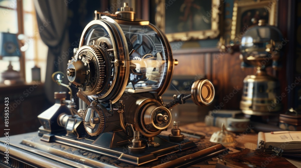 A steampunk-inspired biosensor device, complete with brass gears and Victorian elegance, capable of projecting health trends into the future or past 