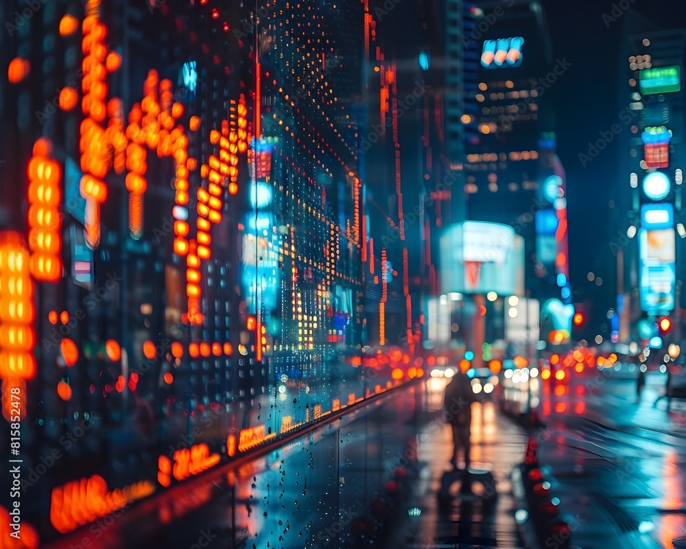 Obraz premium Glittering Nightfall in the Financial Metropolis Neon Lit Skyscrapers and Rain Streaked Cityscape Showcase Dynamic Market Insights