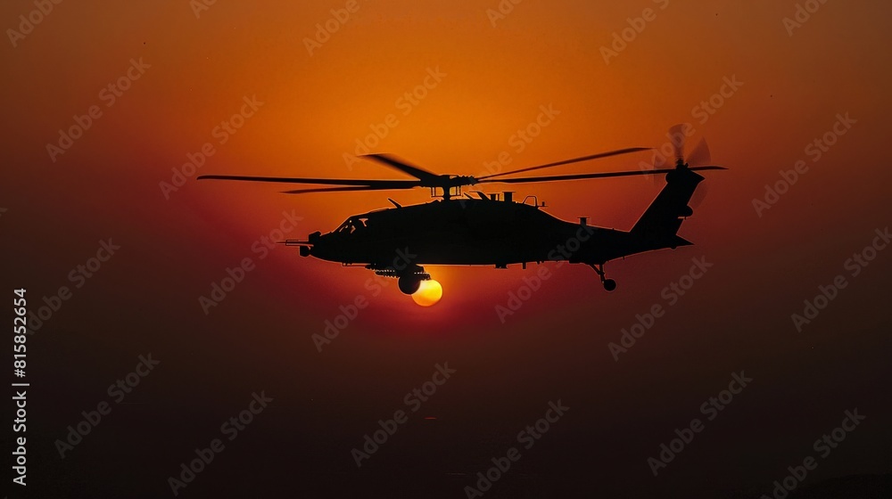 An artistic shot of the Apache's rotor blades cutting through the twilight sky, the helicopter's profile set against the backdrop of a sun sinking below the horizon An artistic shot of the Apache's rotor blades cutting through the twilight sky, the helicopter's profile set against the backdrop of a sun sinking below the horizon