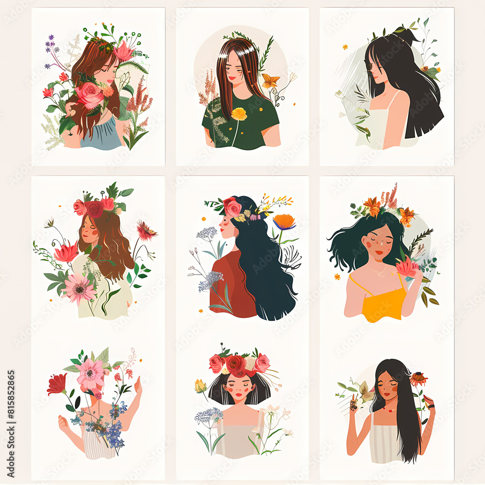 Cards with cute female set vector image Cards with cute female set vector image