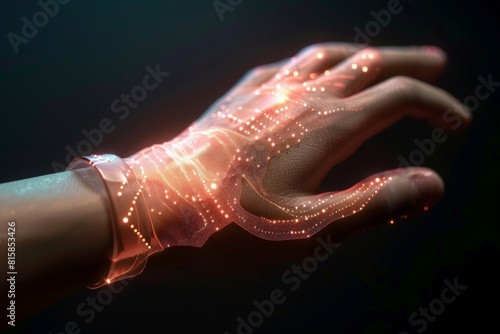 Skin-like biosensor patch adhering to the curve of a wrist, its surface a complex network of microsensors monitoring vital signs in real-time photo