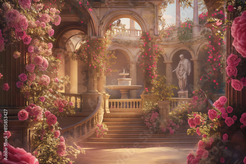 illustration fantasy background wallpaper of beautiful rose flower at ancient palace garden yard photo