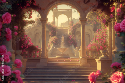 illustration fantasy background wallpaper of beautiful rose flower at ancient palace garden yard