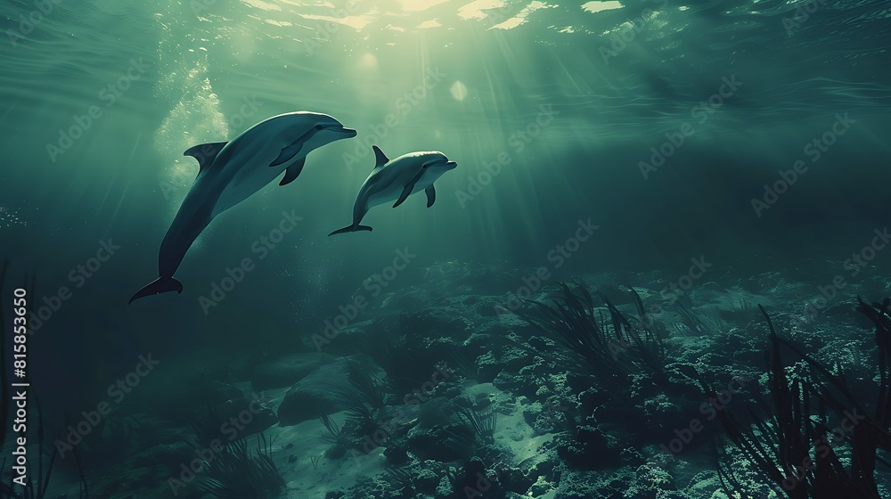 Fototapeta premium Dolphin in the water illustration, Beautiful, summer vibe, beach, ocean, sea, fish, background