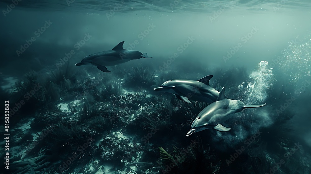 Obraz premium Dolphin in the water illustration, Beautiful, summer vibe, beach, ocean, sea, fish, background