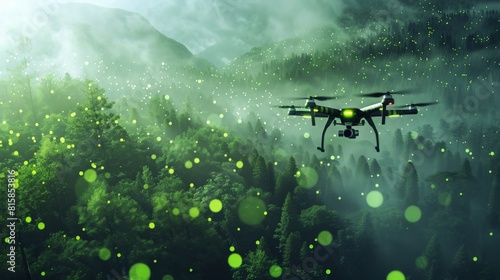 A drone flying over a forest, equipped with biosensors that glow in varying intensities of green as they analyze air quality and detect pollutants  photo