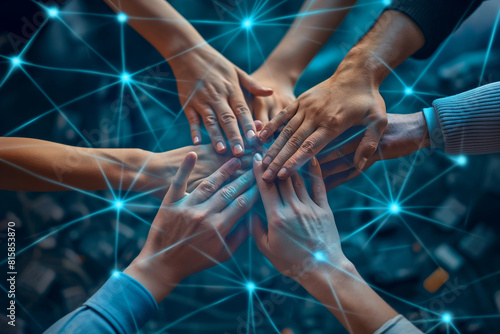 Teamwork and networking concept with hands stacked over a digital network